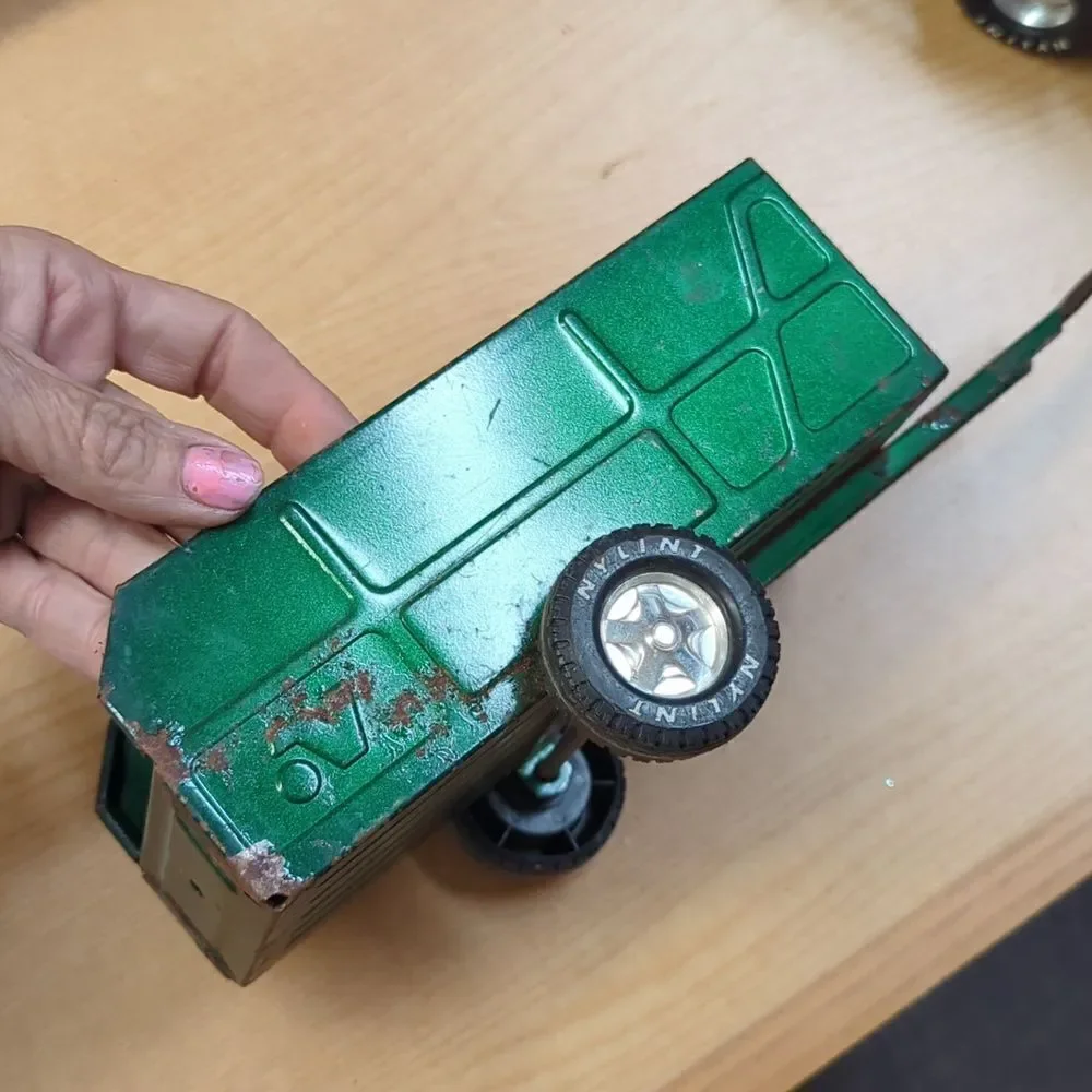 2- Vintage Metal Nylint Toy Wagon Trailer Metallic Green 6” x 3” w/ 2.75” Tongue